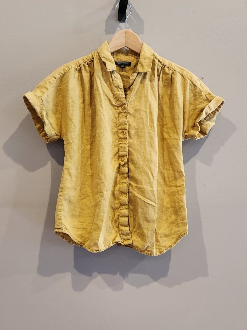 For Cynthia Yellow Linen Blend Button Front Top Petite Small PS